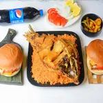 Half Fried Carp With Rice And 2 Catfish Burgers